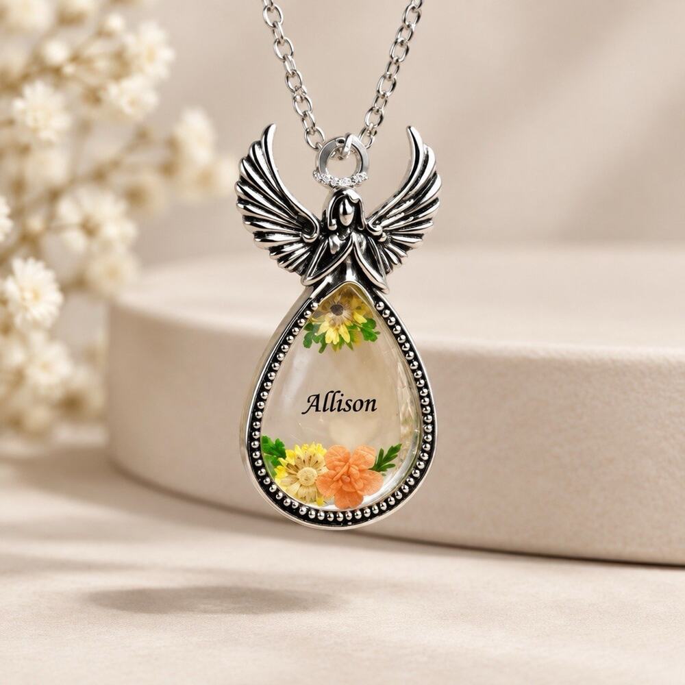 Angel Metal Ornament Artificial Flowers Pressed In Glass Personalized Allison